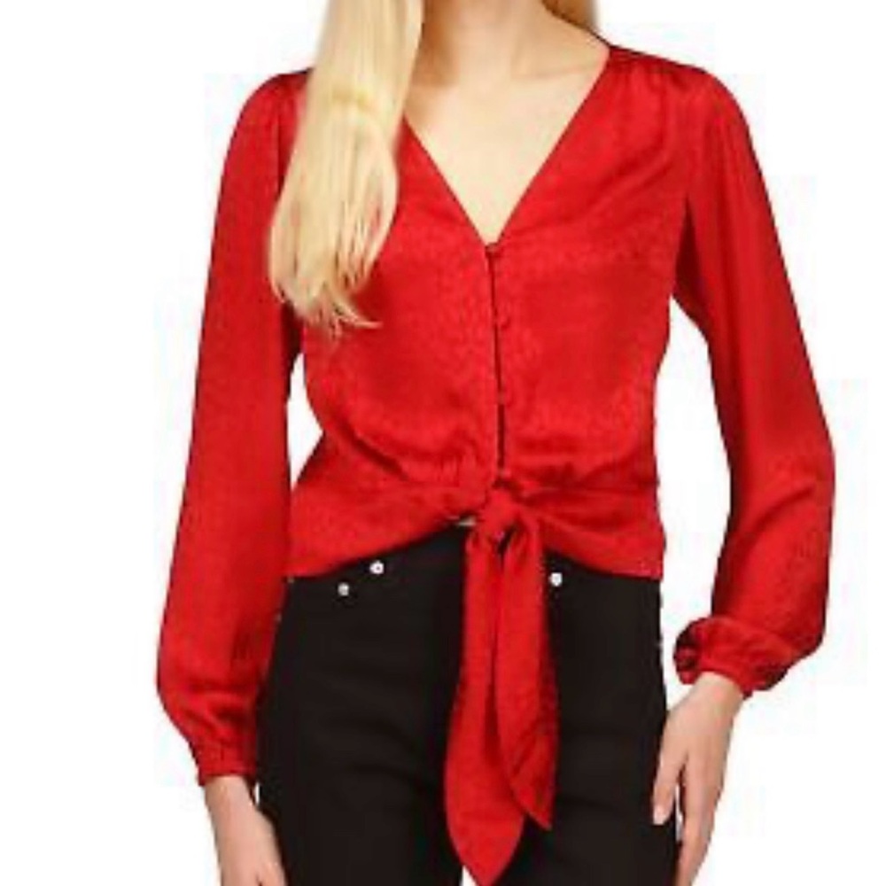 Michaels Red Tie Front Blouse with Buttoned V-Neck